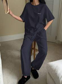 DAZY 2 件套女士睡衣套装，字母印花柔软舒适休闲套装睡衣 - 藏蓝色 - 查看 3