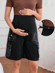 SHEIN Adjustable Waist Cargo Pockets Maternity Casual Denim Shorts