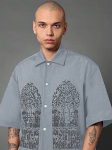 SUMWON Cathedral Window Art Print Oversized Button-Up Shirt Streetwear Gothic Architecture Design Lightweight Summer Fashion Statement Short Sleeve Button Front