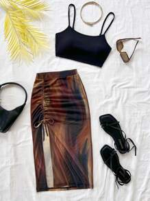 Soleia New Vacation Knitted Sunset Print Twist Slit Metal Decor Design Vest And Mini Skirt 2 Pieces Set