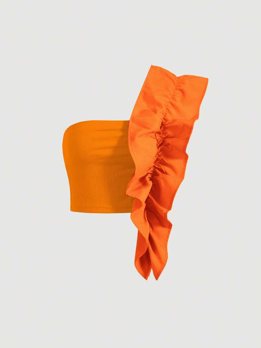 Aveloria One Shoulder Ruffle Trim Ruched Crop Top Cute Funny Shirts   Old Money Style For Summer Spring Fall Autumn - Orange - View 1