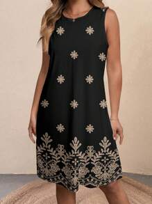 复古花卉印花无袖圆领及膝紧身女士度假连衣裙 A 字裙，休闲黑色花卉印花背心裙夏季女装太阳裙海滩女装 - 彩色 - 查看 3