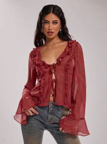 SHEIN BAE Blusa elegante de manga larga con cuello de volante y corbata de unicolor para mujer - Rojo - Ver 4