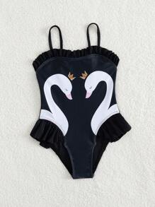 SHEIN 1pc Young Girl Random Printed One-Piece Swimsuit - Black - View 5