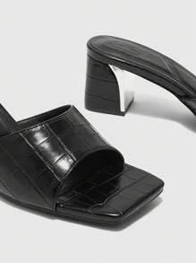 CUCCOO BIZCHIC Women Summer New Stone Texture Embossed Solid Color Square Toe Metal Chunky Heel All-Match Versatile Commuter Black Ladies High Heel Sandals Slippers Office Workwear Fashion - Black - View 7