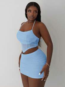Slaydiva 2pcs/Set Sexy Vacation Spaghetti Strap Camisole Top & High Waisted Ruched Short Mini Skirt Set - Blue - View 3