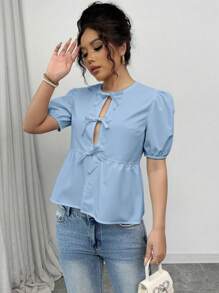 SHEIN Unity 女士纯色休闲泡泡袖蝴蝶结荷叶边上衣，夏季女士衬衫 - 淺藍色 - 查看 4