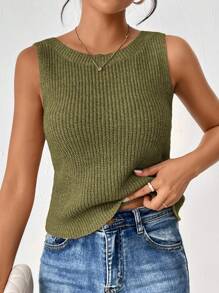 SHEIN Frenchy 女士纯色扭纹后背休闲百搭针织背心 - 軍綠色 - 查看 2