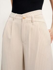 Zanirela 女式条纹不对称腰带口袋阔腿裤 - 卡其色 - 查看 6
