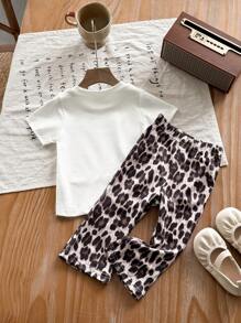 Set van 2 stuks voor baby's/peutermeisjes: T-shirt met luipaardprint en broek met uitlopende pijpen, casual, comfortabele en modieuze outfit voor babymeisjes om in de zomer te dragen
