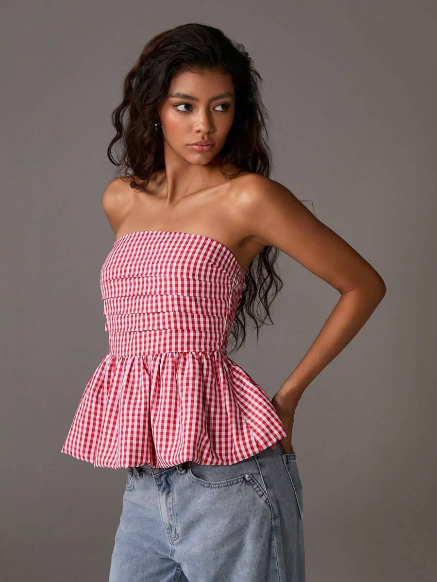 TRNVIE Áo cánh đơn giản họa tiết hoa nhỏ xinh dành cho nữ, đa năng cho mùa xuân/hè - Đỏ và trắng - Xem 1