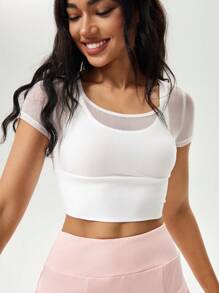 Hanevo Camiseta deportiva y de ocio de ajuste ceñido con malla en 2 en 1 para mujeres