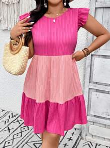 SHEIN VCAY Plus Size Color Block Cap Sleeve Casual Vacation Dress - Hot Pink - View 4