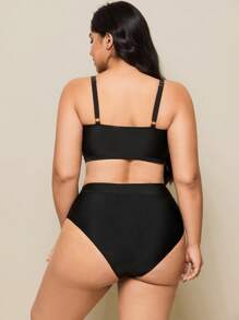 Swim Basics Solid Color Bikini Set, Ruffled Straps, Adjustable Shoulder Straps, High Waist Bottom, 2 Pieces Swimwear Set, Plus Size For Summer Beach Vacation - Black - View 2