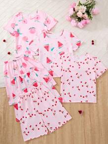 6pcs Girls Oversized Fruit Print Short Sleeve Top And Shorts Pajama Set, Loose And Comfortable Homewear