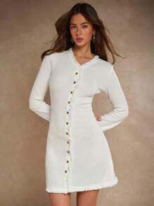 COSMINA Jednokolorowa damska sukienka mini z długim rękawem i frędzlami