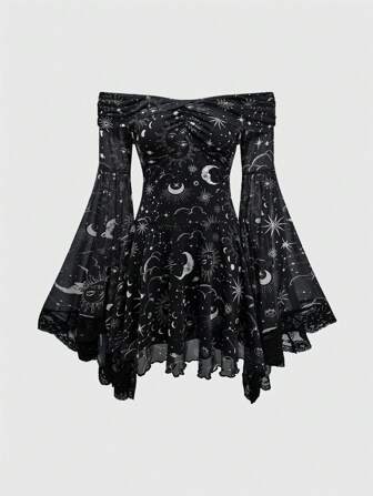 Goth Vestido con estampado completo de estrellas y lunas estilo gótico vintage y misterioso, de hombros descubiertos y mangas acampanadas