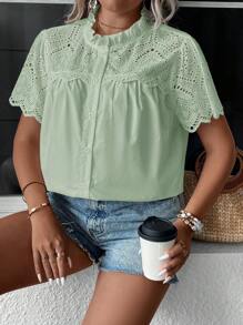 SHEIN Clasi Áo kiểu nữ cỡ lớn, màu trơn, chất liệu ren móc, thêu họa tiết, thích hợp cho kỳ nghỉ hè. Áo kiểu nữ mùa hè, áo kiểu nữ mùa xuân, áo kiểu nữ mùa hè, áo kiểu nữ mùa hè. - Màu xanh Bạc hà - Xem 6