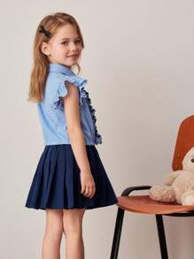 PrepCrw Young Girls Spring/Summer Gingham Sleeveless Shirt With Ruffle Detail And Pleated Skirt Coordinated Set - Multicolor - View 4