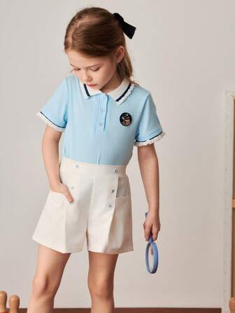 PrepCrw Young Girls'' Blue Polo Collar T-Shirt + White Double-Breasted Decorated Shorts, Spring/Summer, School Style