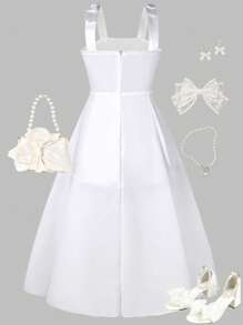 Vestido tubo de encaje blanco elegante y lindo con tirantes finos para niñas preadolescentes para uso diario, combinados con atuendos a juego entre madre e hija (2 piezas vendidas por separado)