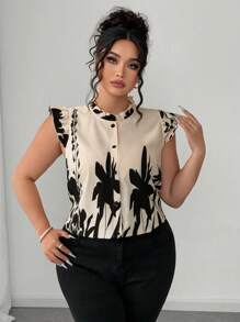 Elenzga Áo sơ mi tay ngắn in hoa cổ bèo nhún cỡ lớn cho nữ, thanh lịch - Màu be - Xem 1