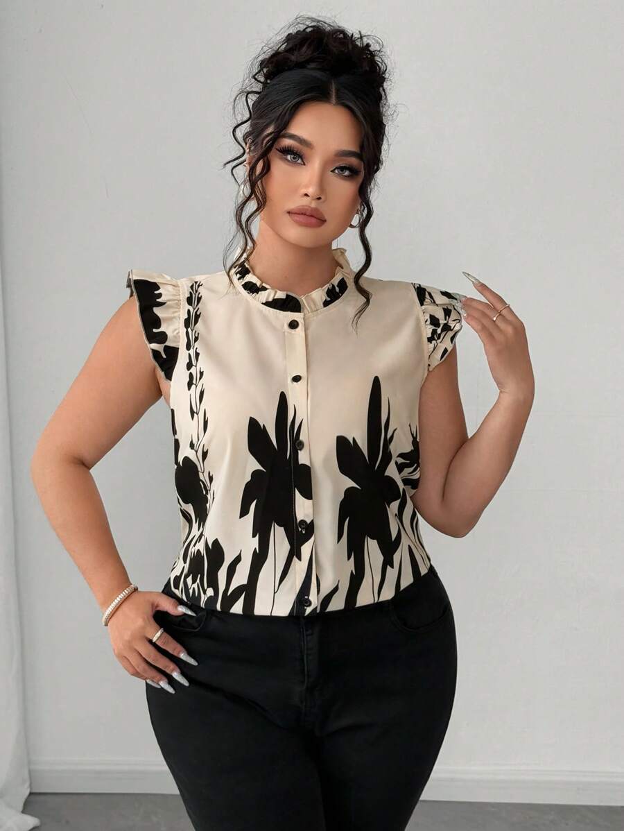 Elenzga Áo sơ mi tay ngắn in hoa cổ bèo nhún cỡ lớn cho nữ, thanh lịch - Màu be - Xem 1