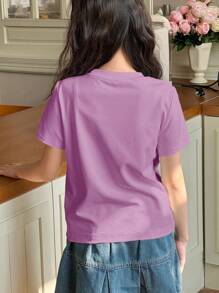 DAZY Tween Girl Crew Neck Knit Short Sleeve T-Shirt, For Fall,Back To School Clothes - Purple - View 4
