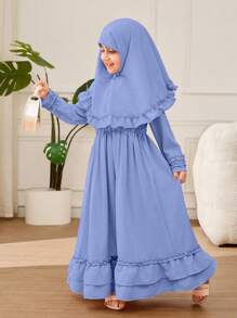 Young Girl A-Line Ruffle Trim & Headscarf Long Dress - Blue - View 5