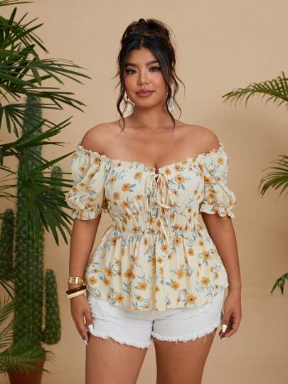 Flirla 大码女式黄色碎花腰带短袖衬衫