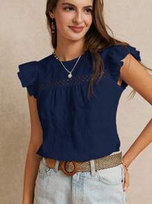Poéselle Summer Vacation Wedding Season, Excellent Ruffle Trim Solid Color Blouse, Cute Top, Elegant , Boho Chic, Casual Style, Essential, - Navy Blue - View 5