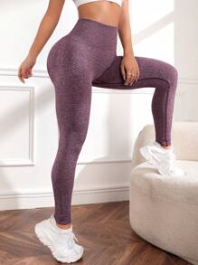 Easithlete 字母图案训练紧身裤 无缝高弹力收腹提臀运动紧身裤 瑜伽女裤 - 淡紫色 - 查看 4