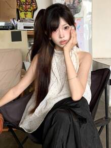 DAZY Bowknot Neck Loose Polka Dot Sleeveless Blouse Going Out Tops Fall - Beige - View 5