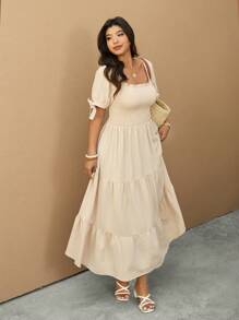 Elaquor Plus Size Solid Color Short Sleeve Long Dress, Casual Holiday Wear - Apricot - View 5