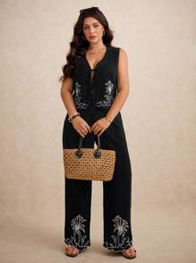 Elaquor 2 件套大码花卉刺绣背心和裤子休闲度假套装 - 黑色 - 查看 1