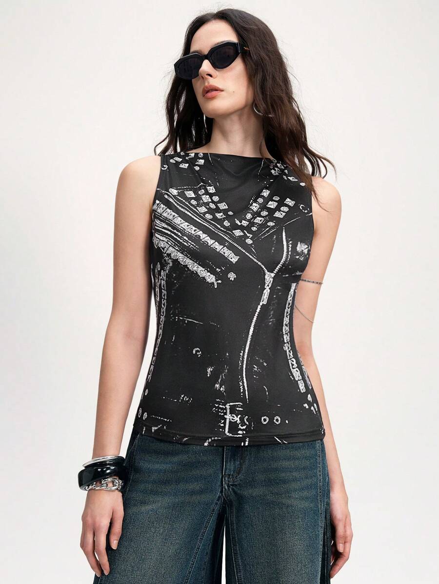 Chiquease 女士黑白 3D 印花无袖休闲上衣，适合通勤，春夏季 - 黑色 - 查看 1