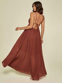 SHEIN Tall 女士砖红色连衣裙，夏季度假装，现代度假波西米亚纯色沙滩裙，极简主义无袖褶皱连衣裙 - 鏽棕色 - 查看 2