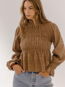 Aralina Blusa de manga larga con fruncidos de estilo boho chic - Marrón Chocolate - Ver 9