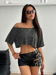 SHEIN ICON Summer Going Out Off The Shoulder Striped Asymmetrical Neck Short Sleeve Cropped T-Shirt - Grey - View 6
