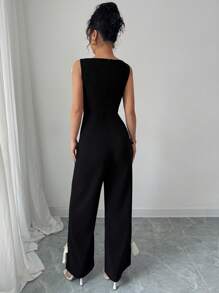 Rafferiza 女士优雅蝴蝶结腰部修身高腰连体裤 - 黑色 - 查看 2