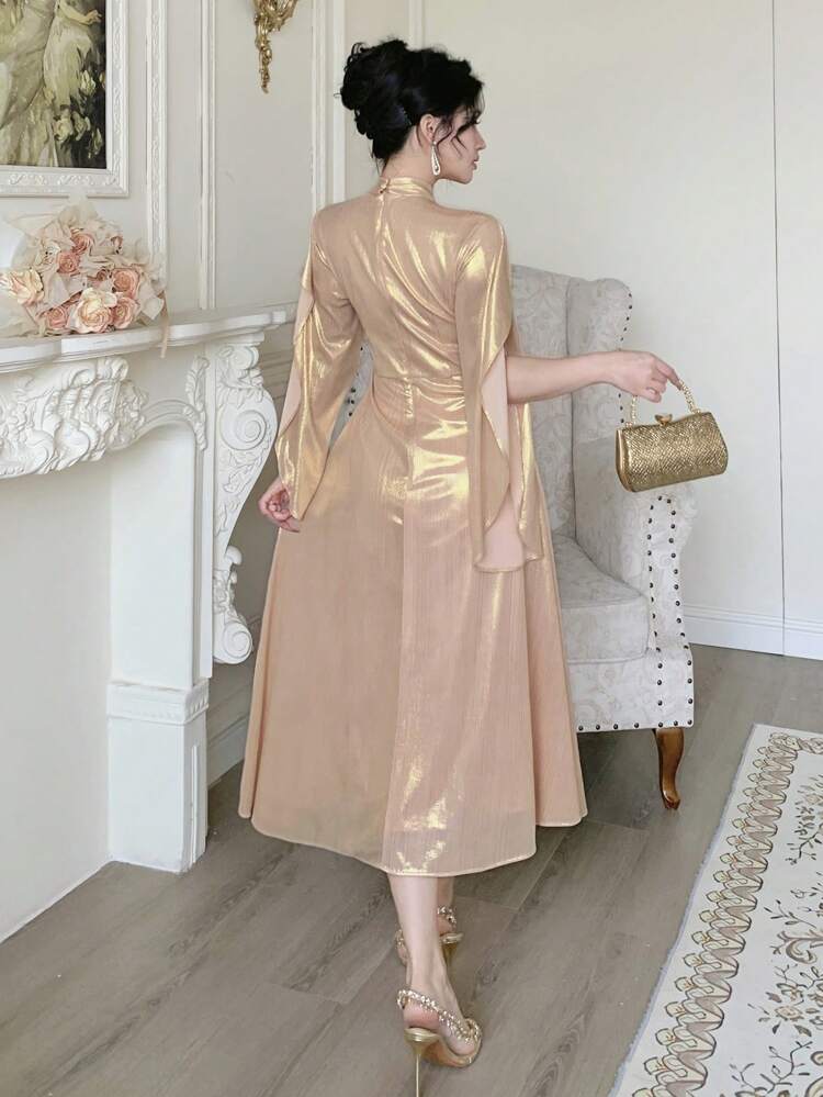 Women's Fall New High-Class Elegant Waist Gathered Midi Sundress Long Sleeve Dress
