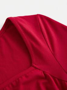 SHEIN Girlism 少女红色紧身针织褶皱腰不对称下摆优雅复古优雅长袖连衣裙，适合圣诞节、派对、生日、女孩少女服装 - 酒紅色 - 查看 7