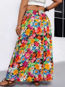 Breezaya 大码女式花卉印花褶皱腰休闲假日 A 字裙，适合度假和日常通勤 - 彩色 - 查看 2