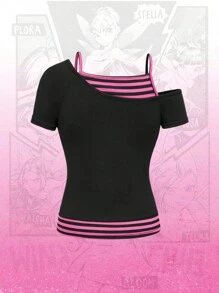 Winx Club X ROMWE Women Asymmetrical Neck Cartoon Graphic T-Shirt - Black - View 2