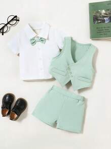 3 Stück/Set Kleinkind Jungen Gentlemen Outfit: grün-graue Weste + weißes Hemd + Shorts, geeignet für Hochzeit, Party, Blumenjunge, Lässig & Süß - Verschiedenfarbig - Übersicht 4