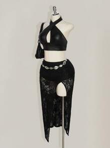 SHEIN ICON Plus Size Lace Ruched High Slit Skirt, Suitable For Music Festival And Party - Black - View 3