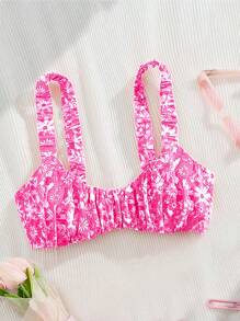 SHEIN Swim Springbreak Tropical Floral Ruched Wide Strap Bandeau Sexy Women Holiday Bikini Swimwear Top For Summer Beach Vacation - Pink - View 5