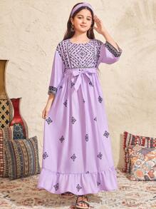 Tween Girl Casual Printed Long Dress - Mauve Purple - View 4