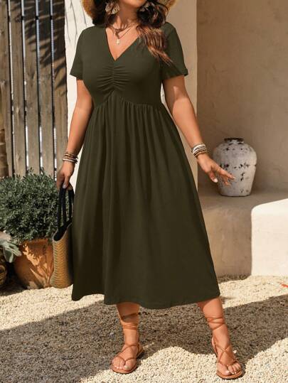 Rometta Pure Plus Size Women's Elegant Casual V-Neck Ruched Design Short Sleeve Knit Dress, New Style