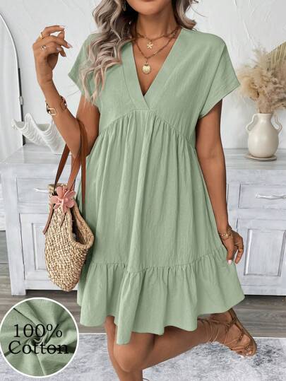 SHEIN LUNE Gaun Liburan Kasual Musim Panas Warna Hijau Sage Pendek Romantis untuk Pantai dan Piknik untuk Wanita, Gaun Pastel untuk Wanita, Gaun Musim Panas untuk Wanita, Kasual